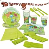The All Inclusive Dinosaur Party Supplies for Kids Birthdays - Includes: T-Rex Happy Birthday Banner, Knives, Spoons, Forks, Plates, Napkins, Cups and Table Cloth