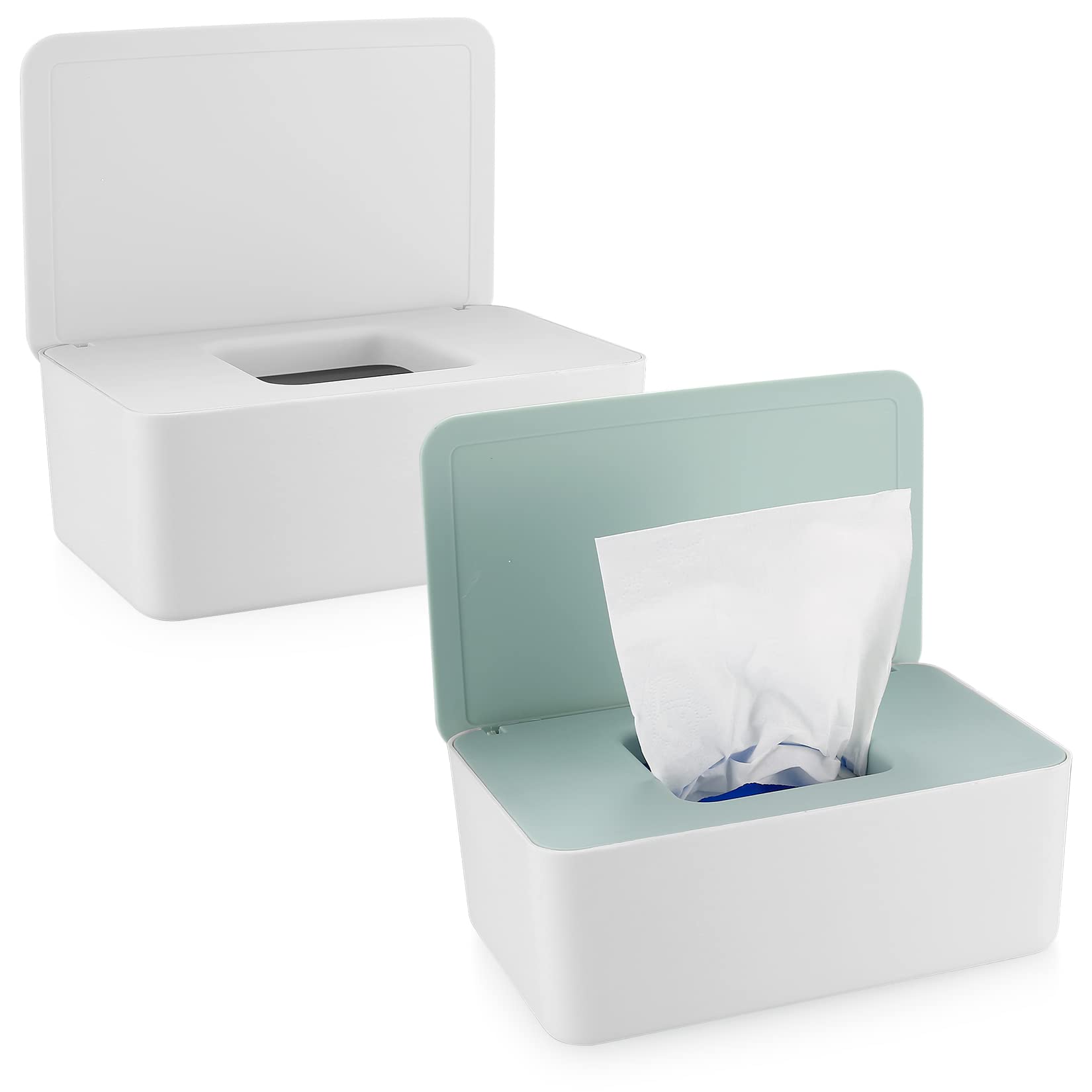 2 PCS Wipes Dispenser Case Box, Baby Dry Wet Tissue Paper Holder, Storage with Lid, Keep Fresh (White + Green Cover)