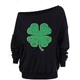 Decogiver St Patricks Day Sweatshirt Women Off Shoulder Long Sleeve Lucky Irish Shamrock Holiday Shirts