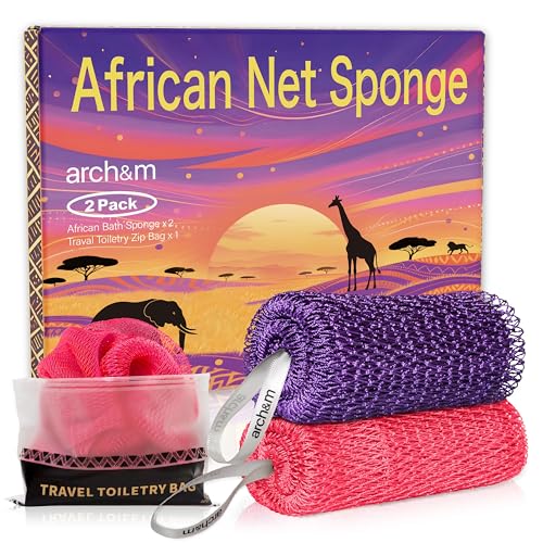 African Net Sponge Authentic Exfoliating - Exfoliating Body Scrub Bath Sponge Back Scrubber Washcloth for Shower Toiletry Bag Real Afroscrub Exfoliator Bathing Care Accessories Purple + Pink ARCH&M