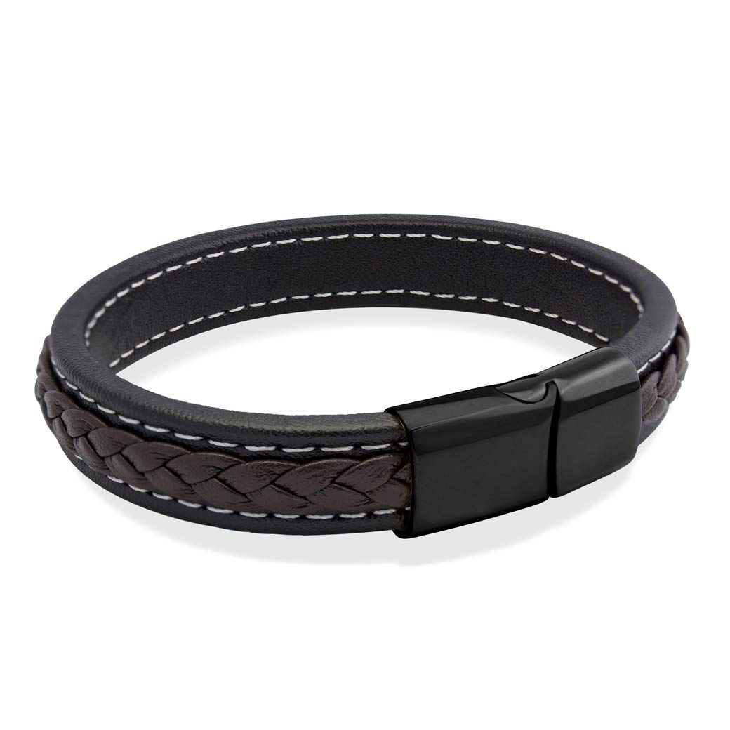 555Jewelry Mens Bracelets Leather and Steel, Magnetic Clasp Braided & Stitched Black Leather Bracelets for Men, Mens Leather Bracelet, Men Bracelets, Black, 9 Inch