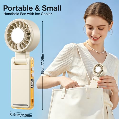 Lomffy Ventilador Portátil de Mano con Enfriador de Hielo, 6 en 1 Ventilador de Mano Turbo con clip y pantalla LED 360° 180° Giratorio Alta velocidad Ventilador Turbo Recargable Velocidad de 1 a 100
