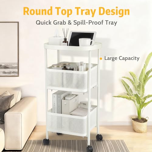 PLSOPPKG - 3 Tier Rolling Cart, Metal Storage Carts with Wheels, Craft Cart Organizer, Mesh Basket for Bed, Kitchen, Office, Art, Milky White