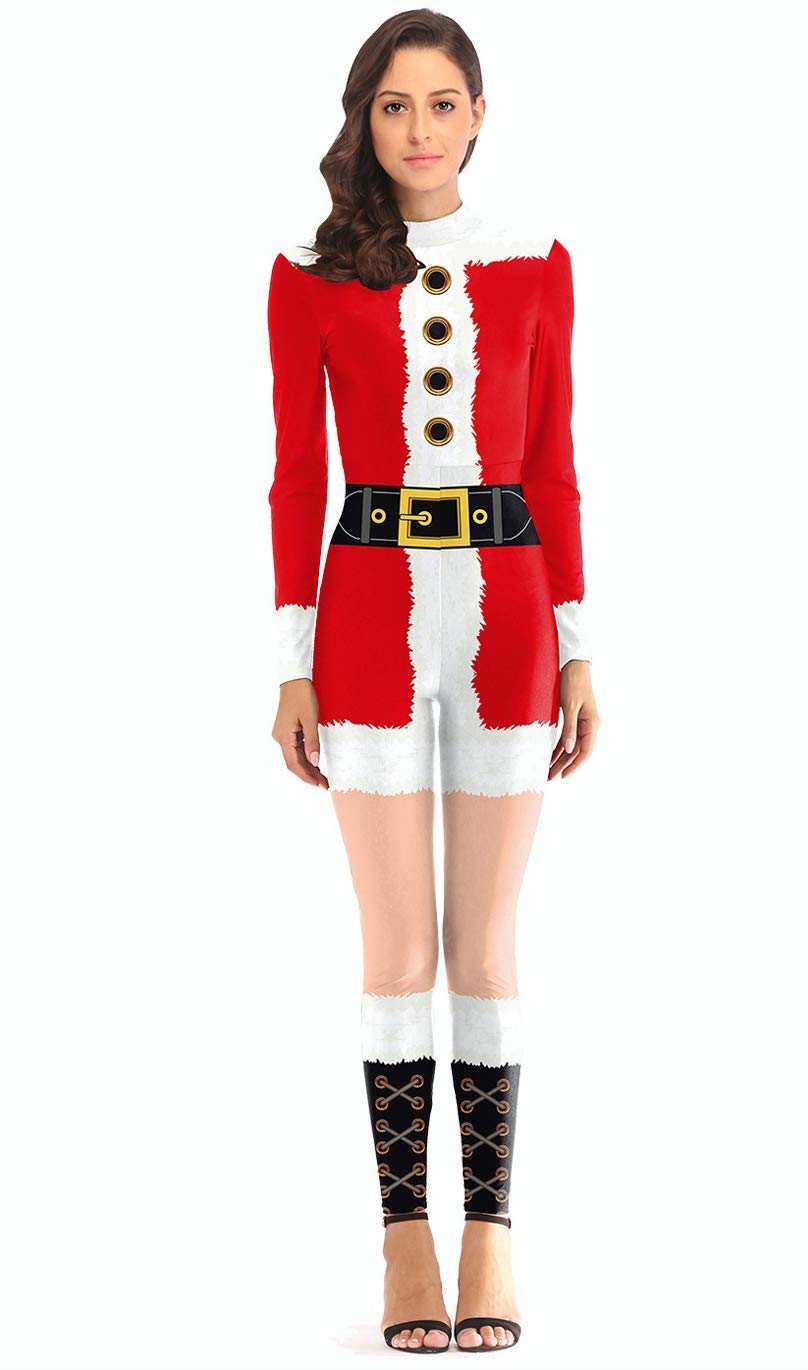 eBoutik - Ugly Christmas Jumpsuit Party Costume One-Piece Festive Jumpsuit Bodysuit (Women - Size 8-12, Miss Santa Suit)