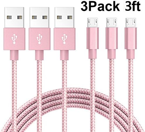 AOSON Micro USB Cable [3pcs 3ft] Braided Fast Charger Cordsfor Samsung USB Cables/Android Cables - Micro USB Charging Cables for Galaxy S7/S6/S5,Note 5/4/3,HTC,LG,Nexus Sony (3X3ft Pink)