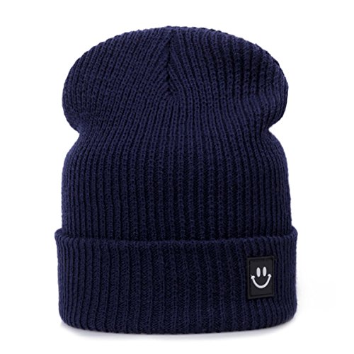 EVRFELAN Women Winter Hat Cuffed Plain Knit Beanie Cap Casual Knitted Warm Skullcap with Smile Face (Navy blue