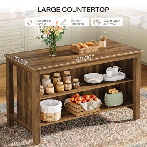 Tribesigns Kitchen Island with Seating and Storage, 59-Inch Large Farmhouse Stationary Island Table for Kitchen, 3-Tier Counter Height Coffee Bar Tables for Dining Room, Rustic Brown