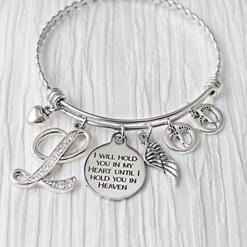 Loss of a Child Memorial Gift, Bangle Bracelet, I will hold you in my heart until I hold you in heaven Bracelet, Expandable Charm Bracelet, Angel Wing Jewelry, Footprint Charm, Baby Infant Miscarriage