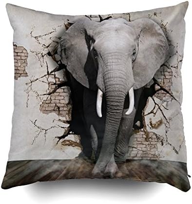 GROOTEY Decorative Cotton Square Pillow Case Covers with Zippered Closing for Home Sofa Decor Size 18X18 Inch Costom Pillowcse Throw Cover Cushion Elephant Coming Out of The Wall Photo Wallpaper