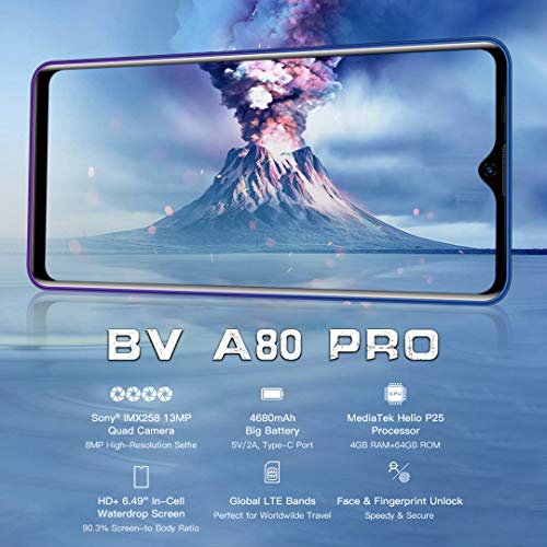 Unlocked Smartphone Blackview A80 Pro, 6.49 inch HD+, 4GB RAM+64GB ROM with 4680mAh Big Battery, 4G Dual SIM for AT&T, T-Mobile Phone,13MP Quad Rear Camera, Android 9.0 Unlocked Cell Phones