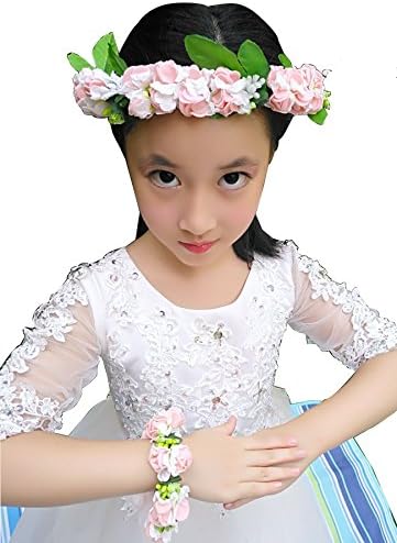 FENHAR Child Girl Flower Crown Headband with Bracelet/ Baby Girl Headband/Girl Headband Baby/Toddler Headband (white pink)