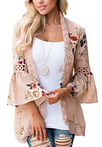 Floral Seasons Women Split Lace Floral Midi Cotton Chiffon Kimono Cardigan Loose Out Wear Khaki Small