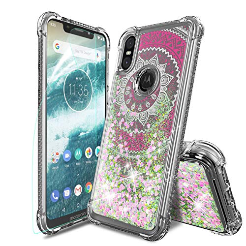 Motorola One case, Motorola P30 Play Case Glitter Liquid quicksands Waterfall Flowing Sparkle Bling Four-Corner Anti-Drop W Mandala Flower Pattern Inside Design Lovely Case, Pink