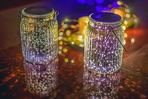 Grant Park 2-Pack Premium Silvered Hanging Mason Glass Jar LED Lights with AUTO/OFF Switch, Solar Powered Outdoor, Landscape, Garden, Patio