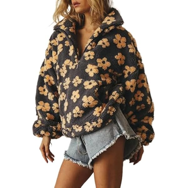 chouyatou Women's Fall Winter Casual Cute Floral Fleece Jacket