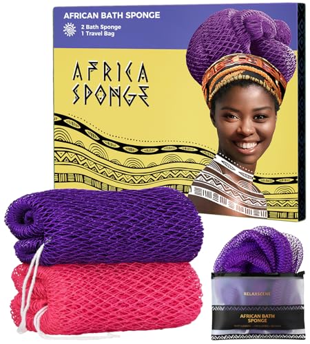 African Net Sponge Authentic - 2 Pieces Exfoliating Body Scrubber Bath Sponge - Loofah Washcloth Back Scrub for Shower Body Exfoliator - Face & Skin Care Bathroom Essentials for Women