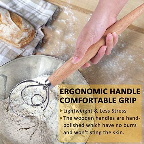 Danish Dough Whisk Original Dutch Style Bread Dough Hand Mixer Blender Admixer Professional 13" Stainless Steel Hook whisks Large Comfort Grip Wooden Handle for Pastry Cake Pizza (2 Pack)