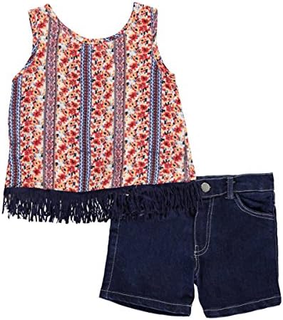 Girls Luv Pink Little Girls' "Tasseled Flora" 2-Piece Outfit - red/denim, 5-6
