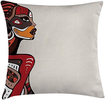 Afro Decor Throw Pillow Cushion Cover, Profile of African Beauty Totem Ethno Fashion Girl with Mask Tattoos Illustration, Decorative Square Accent Pillow Case, 18 X 18 Inches, Multi
