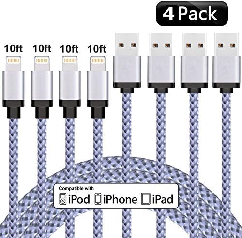 Everdigi iPhone Charger, 4 Pack 10ft/3m Lightning Cable Extra Long Nylon Braided Charging Cord for iPhone X/8/7/7 Plus/6/6s/6 Plus/6s Plus/5c/5s/5, and iPad Pro/Air/Mini/iPod Nano/Touch (White)