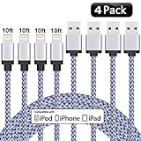Everdigi iPhone Charger, 4 Pack 10ft/3m Lightning Cable Extra Long Nylon Braided Charging Cord for iPhone X/8/7/7 Plus/6/6s/6 Plus/6s Plus/5c/5s/5, and iPad Pro/Air/Mini/iPod Nano/Touch (White)
