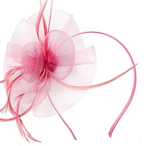 Acecharming Fascinators for Women, Feather Sinamay Fascinators with Headbands Tea Party Pillbox Hat Flower Derby Hats(Pink) - Thumbnail 3