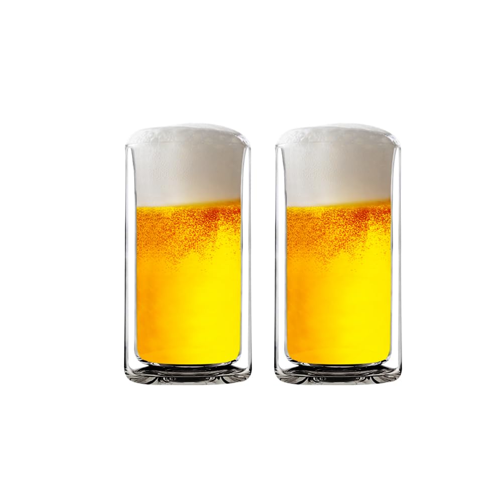 Sun's Tea 13oz Ultra Clear Strong Double Wall Thermal Insulated Highball Drinking Glasses for Beer, Coffee, Juice, Smoothie, Mojito, Soda, Milk and Mixed Beverages, Set of 2 (Real Glass, not-Plastic)