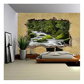Cascading Spring in Tropical Forest Viewed Through a Broken Wall - Large Wall Mural, Removable Peel and Stick Wallpaper, Home Decor - 66x96 inches
