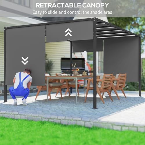 Outsunny 10' x 13' Patio Pergola with Solar Powered LED Lights, Outdoor Metal Pergola with Sun Shade Canopy for Backyard, Garden, Lawn, Dark Grey