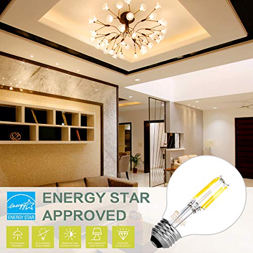 Mastery Mart Dimmable Vintage LED Globe Light Bulb, G25 Glass Edison Style, 5.5W (75 Watt Equivalent), 4000K Cool White, E26 Decorative Filament Bulb, Bathroom& Vanity Mirror, UL, Energy Star, 6 Pack