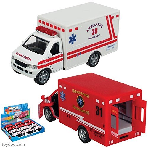 Die Cast RESCUE TEAM 5" Ambulance and fire department truck 12 Pieces Set In Master Box (6 White, 6 Red)