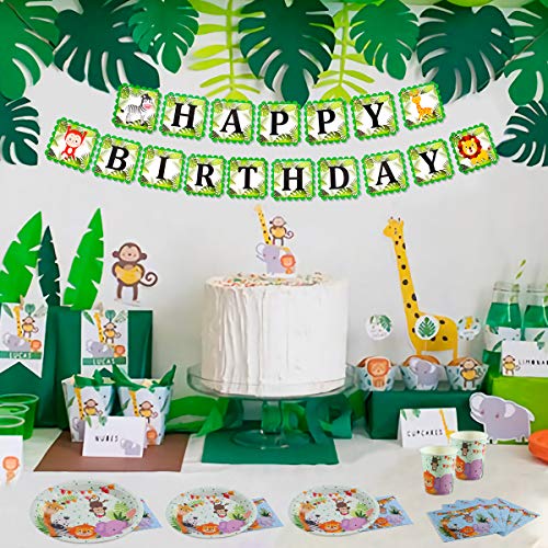 Safari Animal Birthday Party Supplies - Serves 16 - Plates, Napkins, Cups Tableware Kit, One Animal Print Tablecloth, Birthday Banner for Birthday Parties, Jungle Theme Party Supplies by QIFU - Thumbnail 5