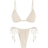 seamoly Women's Bikini Sets Ribbed Beaded Adjustable Spaghetti Strap Swimsuit Tie Side Thong Sexy 2 Piece Bathing Suit
