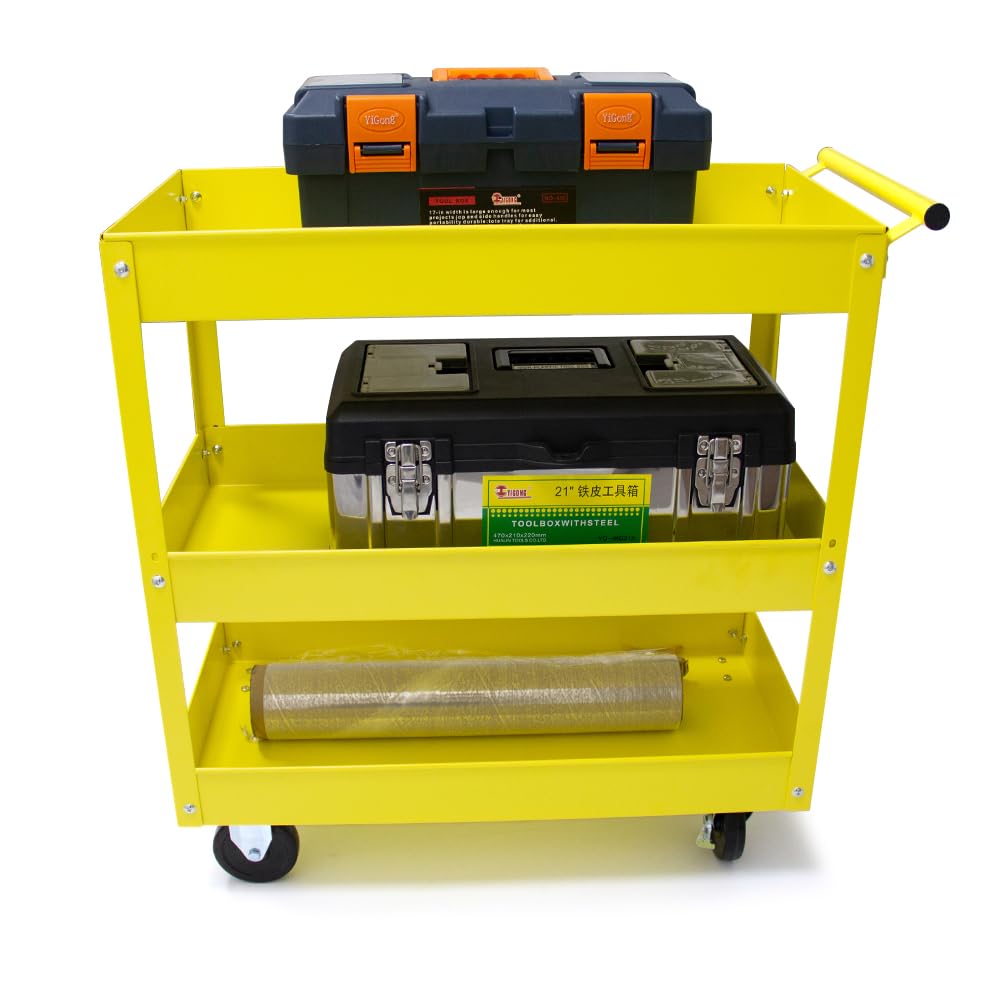 Photo 1 of HPDMC 30in Large Steel Service Cart - Utility Carts with Wheels - 3 Shelf - Metal - 400 lbs Capacity - Shop Rolling Tool Carts - Yellow