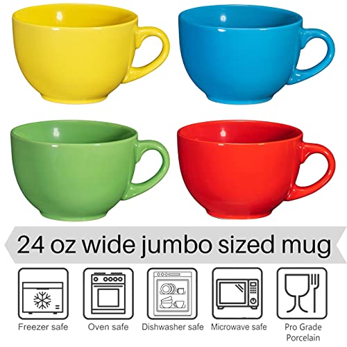 Bruntmor 24 Oz Jumbo Coffee Mug Set of 4, 24 Ounce Microwavable, Porcelain Coffee Cups with Big