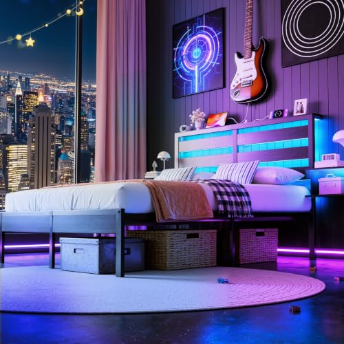 FURRIFIC Cama Matrimonial con 2 Mesitas de Noche Flotantes, Base Matrimonial con Cabecera Almacenamiento, Marco con Luces LED RGB, Estación de Carga, Amplio Espacio Inferior, Estructura de Cama Negra