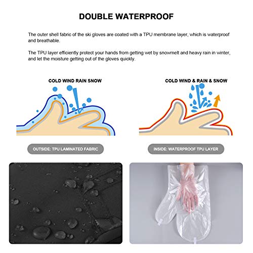 Andake Ski Mittens Gloves Women 90% Down Mittens Cold Weather Waterproof Winter Snow Gloves for Skiing Snowboarding Black L/XL - Thumbnail 2