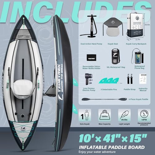 TIDETREK Inflatable Touring Kayak 1-Person & 2-Person with Waterproof Seat & Full Accessory Kit, Lightweight Recreational Kayak for Lake, River & Fishing