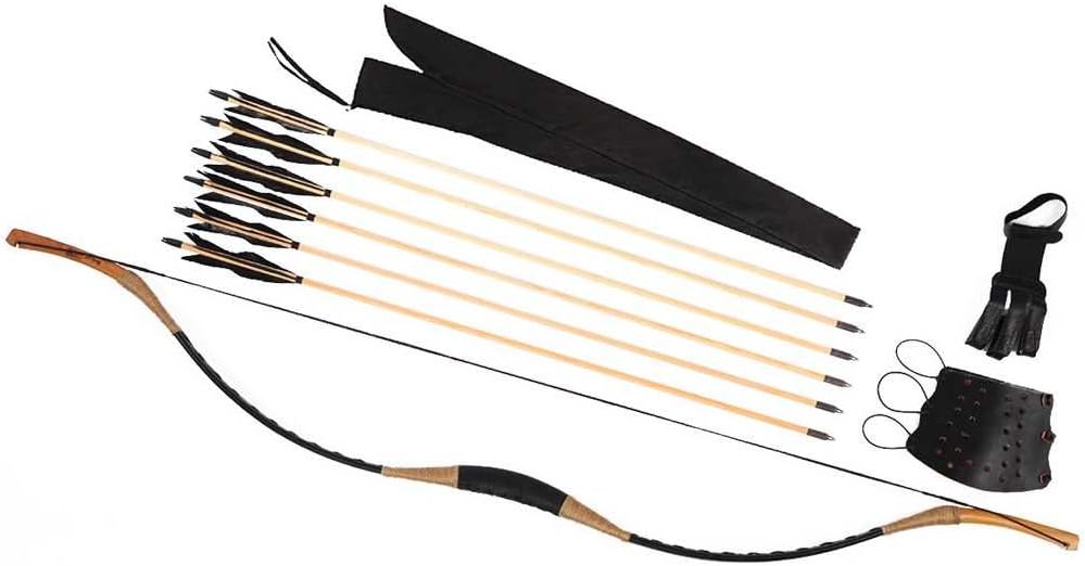 PG1ARCHERY Archery Longbow Handmade Traditional Horsebow Recurve Bow Left & Right Handed with Wooden Arrows & Arm Guard & Finger Protector 20-110lbs