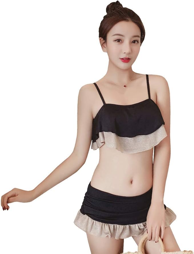 Amazon 水着 レディース ビキニ フレアトップ ハイウエスト 大きいサイズ 体型カバー 可愛い セクシー 無地 バイカラー 黒 ブラック M L Xl ビキニ セパレーツ 通販
