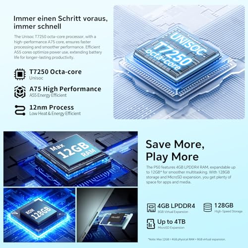 TECLAST P50 Tablet 11 Inch Android 16 Tablet 90Hz, Dual SIM 4G LTE + 5G WiFi, 2GHz Octa-Core T7250, 128GB ROM(TF 5TB), Gemini AI, 7000mAh, Widevine L1/GPS/8MP/3.5MM, Tablet with Pencil+Case, 2026