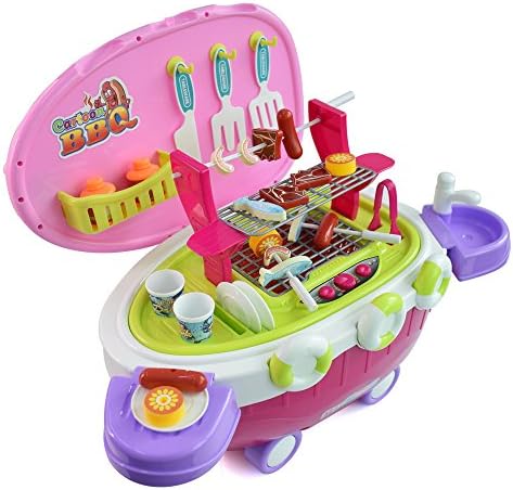 Seprovider Kitchen BBQ Pretend Play Grill Set, Backyard Barbeque Playset w/ Light &amp; Sound, Battery Operated Cook Toys for Kids w/ 40 Simulation Play Food and Cooking Tools