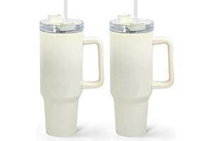 FECBK 40 oz Sublimation Tumbler with Handle 2 Pack Sublimation Tumblers Blanks with Straw and Lid Stainless Steel Insulated Travel Mug Cups for Keep Hot/Cold Hours, DIY Gift, Off White