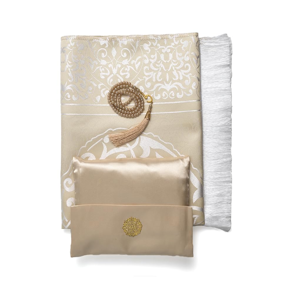 ABDEEZ Gift Set with Velvet Pouch, Turkish Design Prayer Mat, Decorative Beads | Premium Islamic Gift for Ramadan, Eid, and Weddings (Beige)