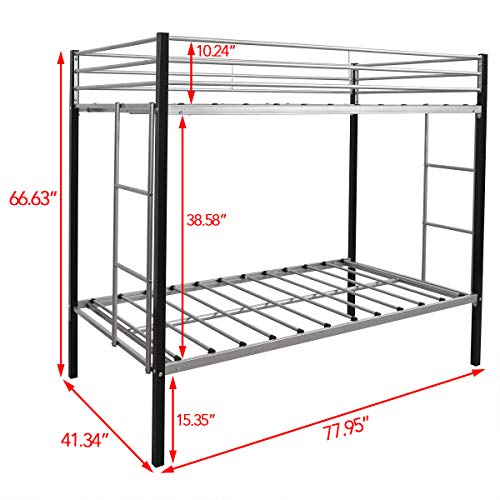 Twin Over Twin Size Bunk Bed Metal Frame with Ladder for Teens Dorm Bedroom (Black+Silver) - Thumbnail 4