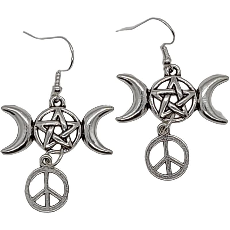 Witches Against War Triple Moon and Peace Sign Earrings Gift with Sterling Silver 925 Hooks for Hippy Chicks, Pagans & White Witches