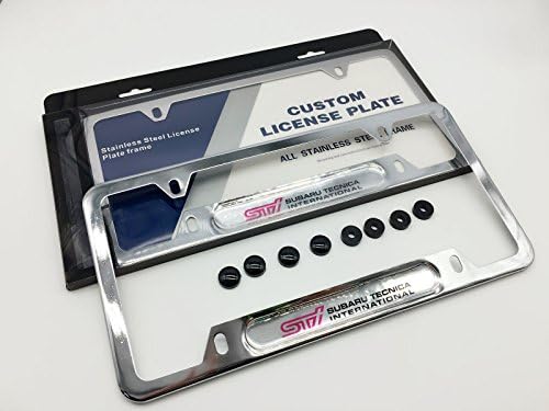 STI Subaru Tecnica International BRIGHT CHROME PREMIUM Quality (AP Creations Exclusive) License Plate Frame with Hardware Hiding Covers Caps Round Spacers and Instructions Included