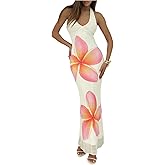 SOLY HUX Women's Floral Print Tie Backless Halter Dress Deep V Neck Bodycon Maxi Mesh Dresses