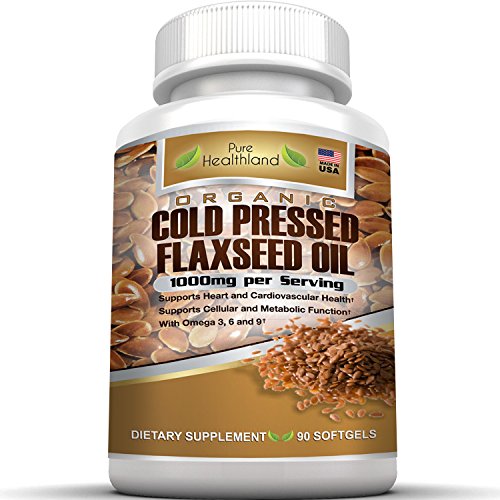 Organic Cold Pressed Flaxseed Oil Softgels 1000mg By Pure Healthland. Omega 3 6 9 Essential Fatty Acids. Flax Seed Oil Supplement Pills for Heart Health Boost Metabolism Healthy Hair, Skin and Nails