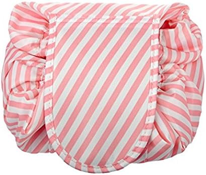 Drawstring Cosmetic Bag Travel Lazy Makeup Storage Bag Toiletry Bags Portable&Waterproof Quick Pack Large Cosmetic Bag Dual Magic Bags with Zipper&Drawstrings (Pink Stripe)